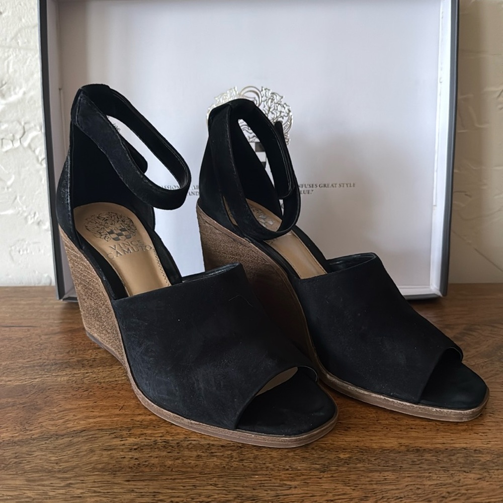 Vince Camuto Womens VC-Deedriana Black Suede Wood Wedge Sandals SZ 7